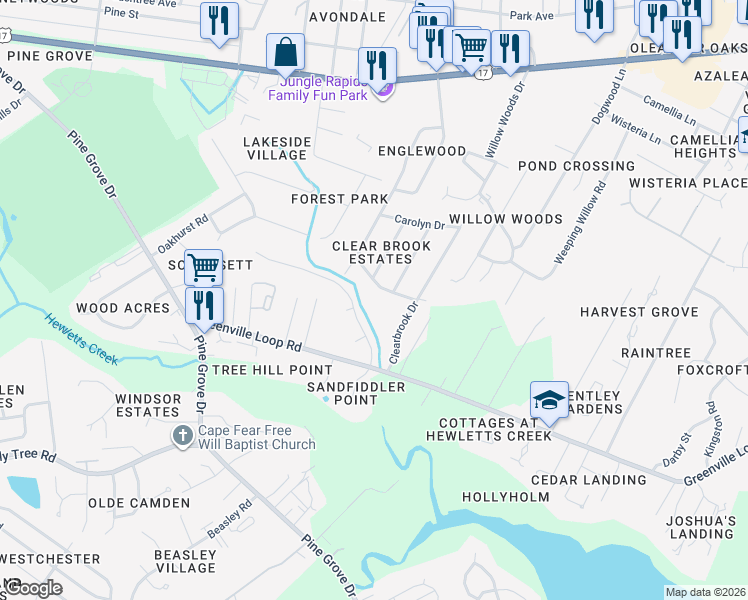 map of restaurants, bars, coffee shops, grocery stores, and more near 5420 Patricia Drive in Wilmington