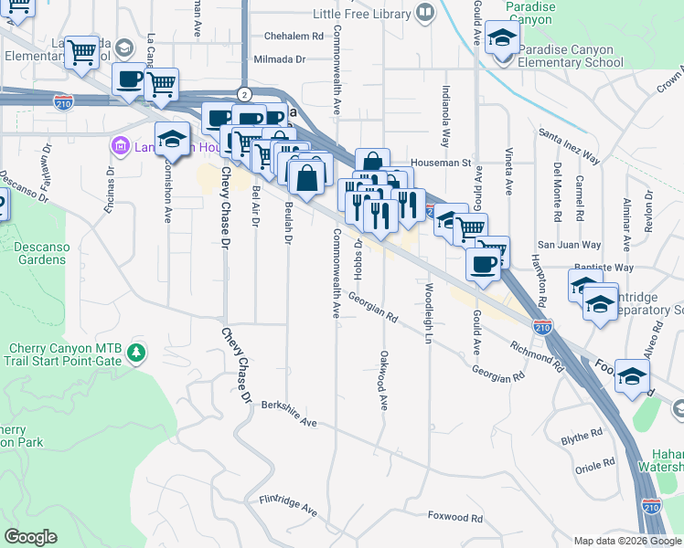 map of restaurants, bars, coffee shops, grocery stores, and more near 4408 Commonwealth Avenue in La Cañada Flintridge
