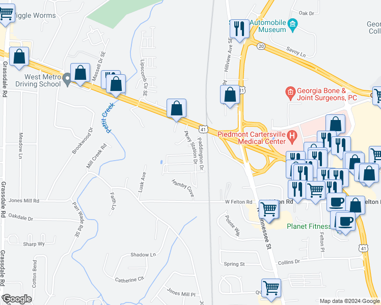 map of restaurants, bars, coffee shops, grocery stores, and more near 106 Silver Star Way in Cartersville