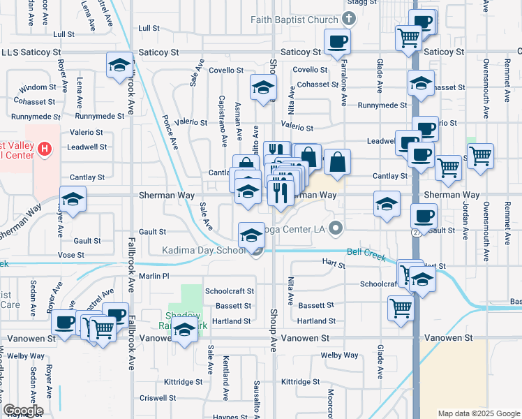 map of restaurants, bars, coffee shops, grocery stores, and more near 7137 Shoup Avenue in Los Angeles