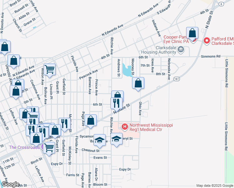 map of restaurants, bars, coffee shops, grocery stores, and more near 600 Ritchie Avenue in Clarksdale