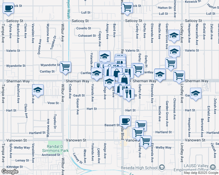 map of restaurants, bars, coffee shops, grocery stores, and more near 7131 Baird Avenue in Los Angeles
