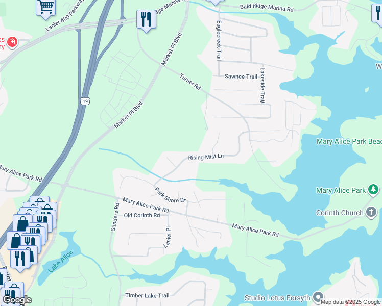 map of restaurants, bars, coffee shops, grocery stores, and more near 1645 Rising Mist Lane in Cumming
