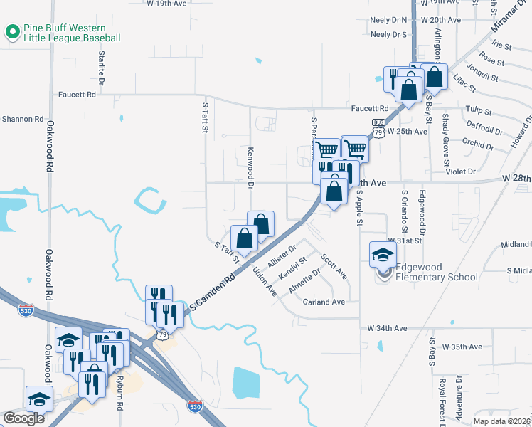 map of restaurants, bars, coffee shops, grocery stores, and more near 4510 West 30th Avenue in Pine Bluff