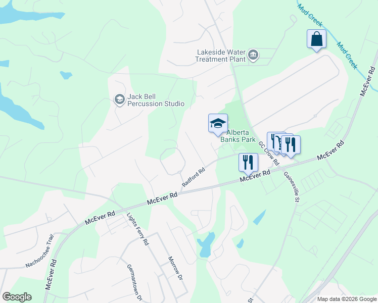 map of restaurants, bars, coffee shops, grocery stores, and more near 5615 Pinewood Drive in Flowery Branch