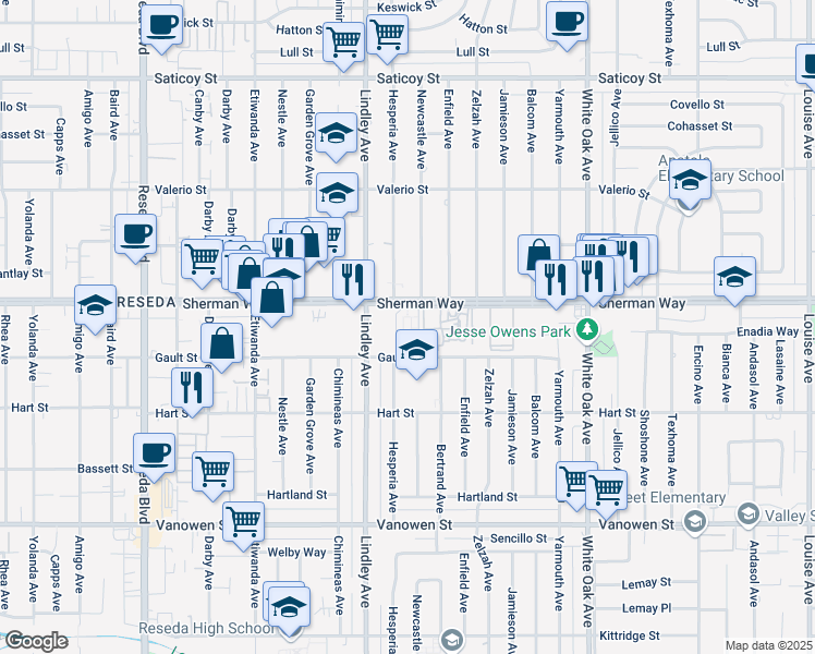 map of restaurants, bars, coffee shops, grocery stores, and more near 18014 Sherman Way in Los Angeles
