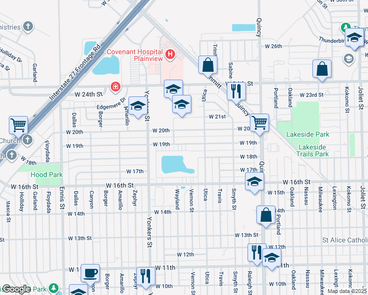 map of restaurants, bars, coffee shops, grocery stores, and more near 2215 West 19th in Plainview