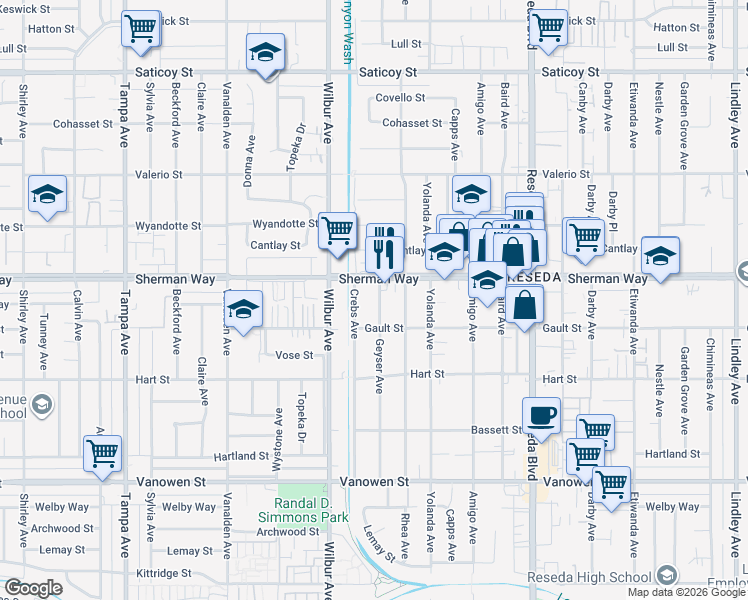 map of restaurants, bars, coffee shops, grocery stores, and more near 7135 Geyser Avenue in Los Angeles