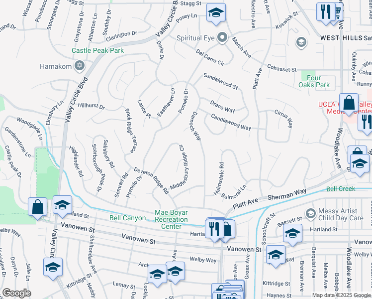 map of restaurants, bars, coffee shops, grocery stores, and more near 7034 Middlesbury Ridge Circle in Los Angeles