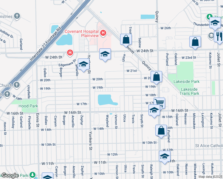 map of restaurants, bars, coffee shops, grocery stores, and more near 2215 West 19th Street in Plainview