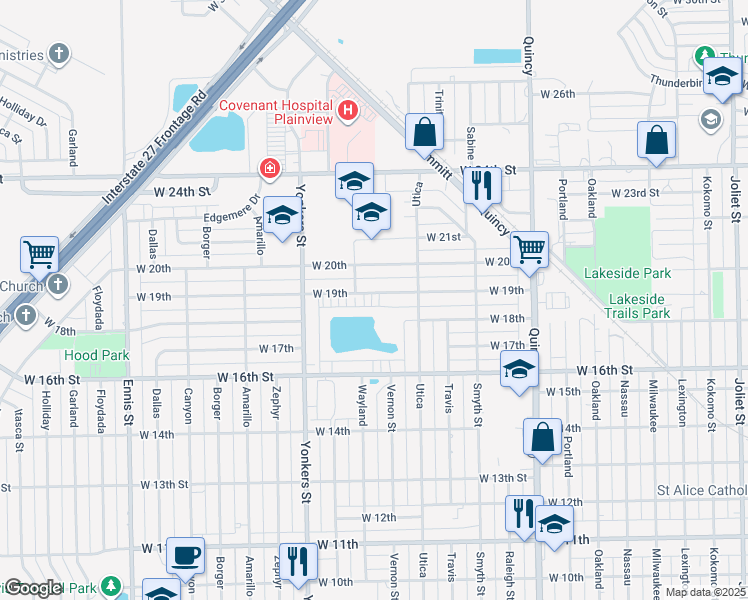 map of restaurants, bars, coffee shops, grocery stores, and more near 2215 West 19th Street in Plainview