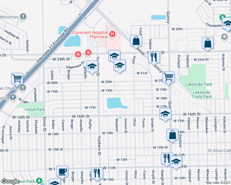 map of restaurants, bars, coffee shops, grocery stores, and more near 2407 West 19th Street in Plainview