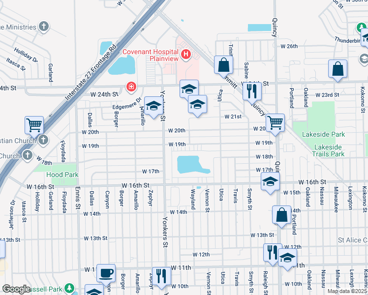 map of restaurants, bars, coffee shops, grocery stores, and more near 2407 West 19th Street in Plainview