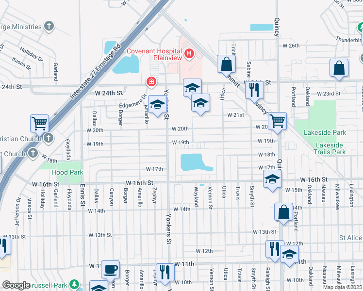 map of restaurants, bars, coffee shops, grocery stores, and more near 2407 West 19th Street in Plainview