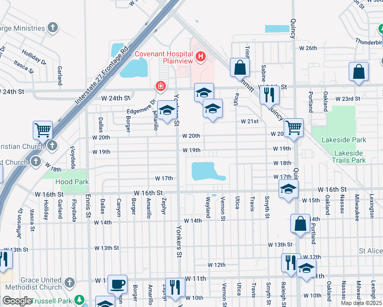 map of restaurants, bars, coffee shops, grocery stores, and more near 2407 West 19th Street in Plainview