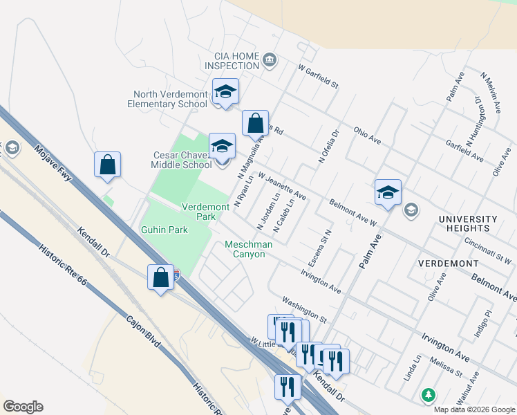 map of restaurants, bars, coffee shops, grocery stores, and more near 6522 Joshua Lane North in San Bernardino