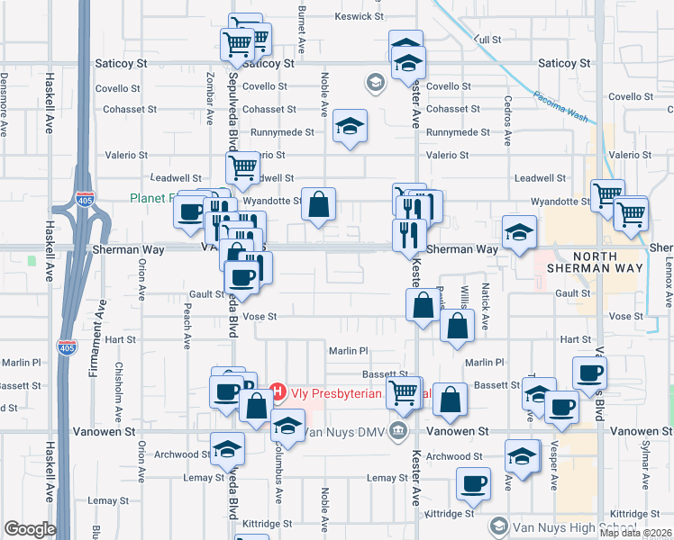 map of restaurants, bars, coffee shops, grocery stores, and more near 15050 Sherman Way in Los Angeles