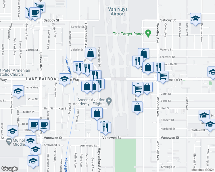 map of restaurants, bars, coffee shops, grocery stores, and more near 7120 Hayvenhurst Avenue in Los Angeles