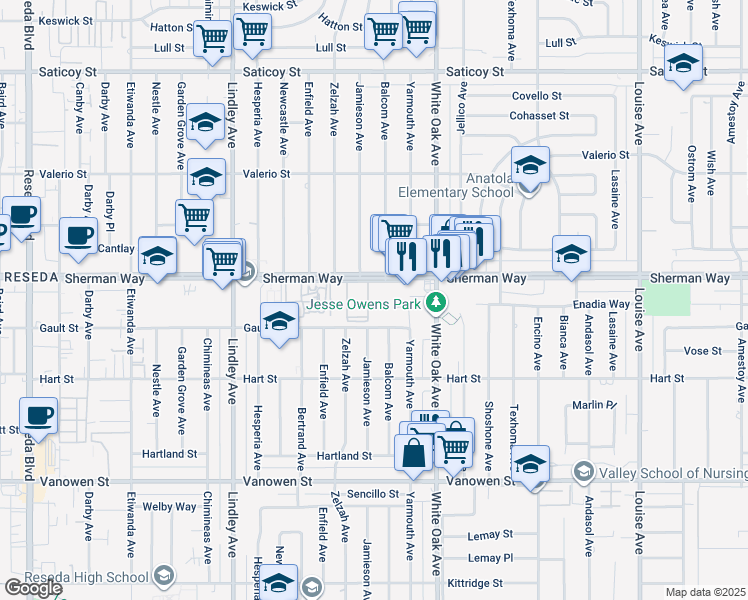 map of restaurants, bars, coffee shops, grocery stores, and more near 17760-17766 Sherman Way in Los Angeles