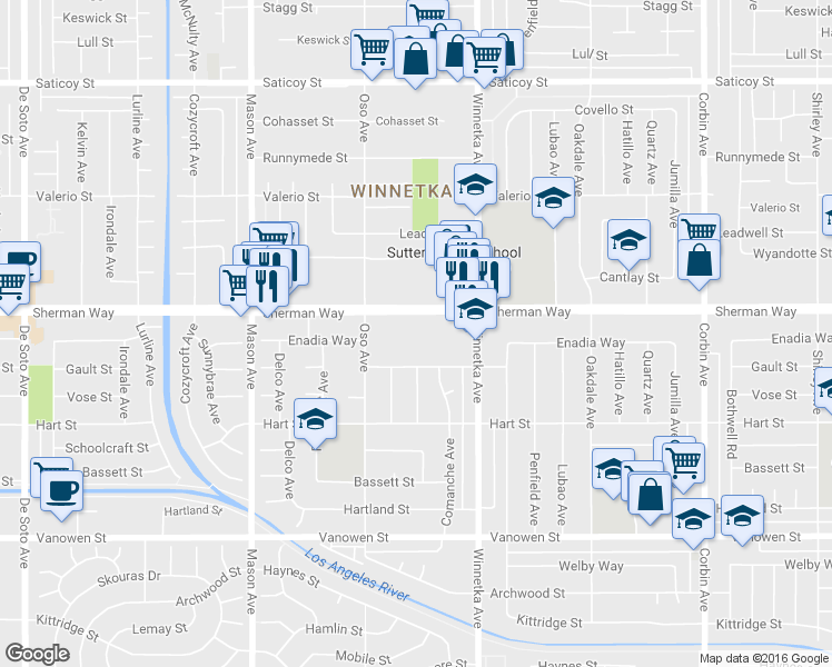 map of restaurants, bars, coffee shops, grocery stores, and more near 20200 Sherman Way in Los Angeles