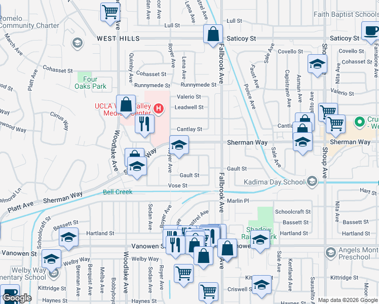 map of restaurants, bars, coffee shops, grocery stores, and more near 22913 Enadia Way in Los Angeles