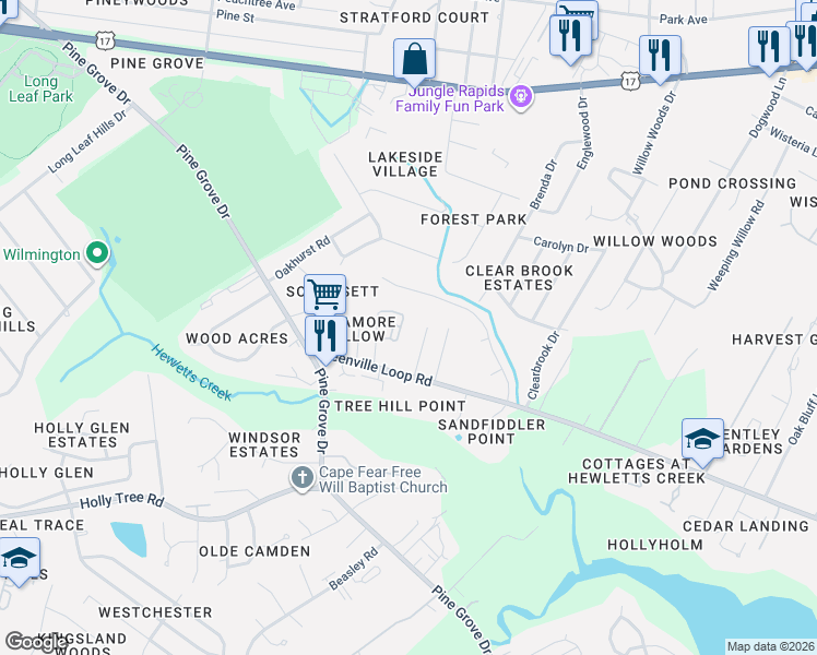 map of restaurants, bars, coffee shops, grocery stores, and more near 5224 Calais Circle in Wilmington
