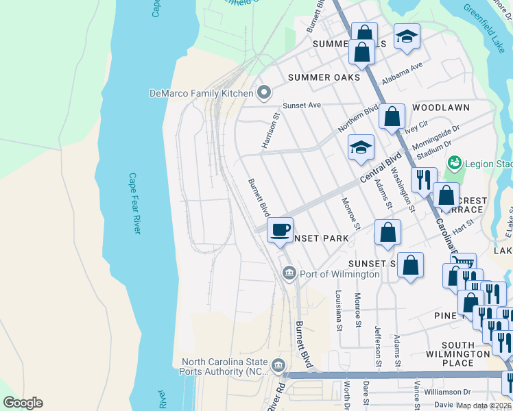 map of restaurants, bars, coffee shops, grocery stores, and more near 2082 Burnett Boulevard in Wilmington