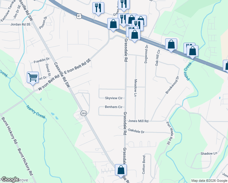map of restaurants, bars, coffee shops, grocery stores, and more near 39 Skyview Circle in Cartersville