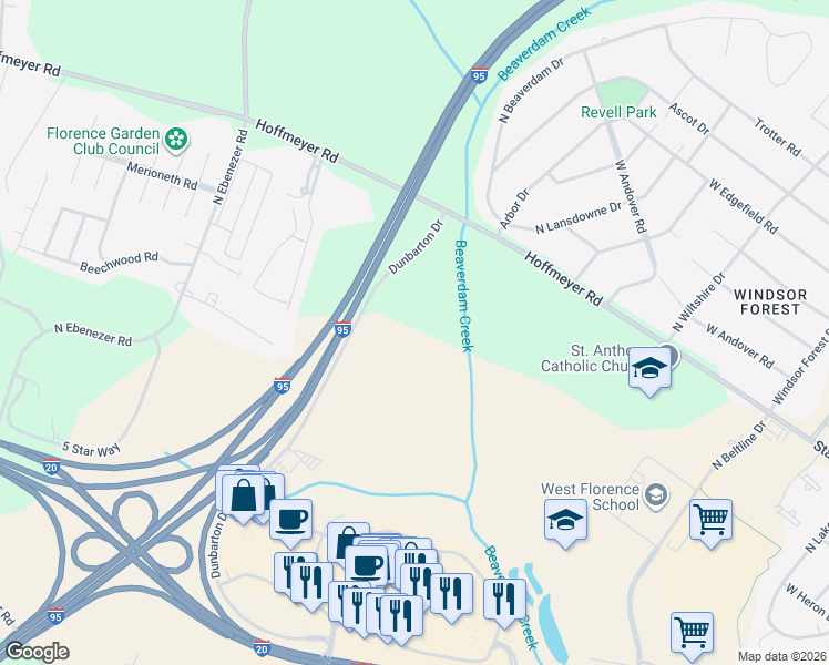 map of restaurants, bars, coffee shops, grocery stores, and more near 240 Dunbarton Drive in Florence