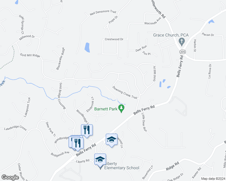 map of restaurants, bars, coffee shops, grocery stores, and more near 343 Downing Creek Trail in Canton