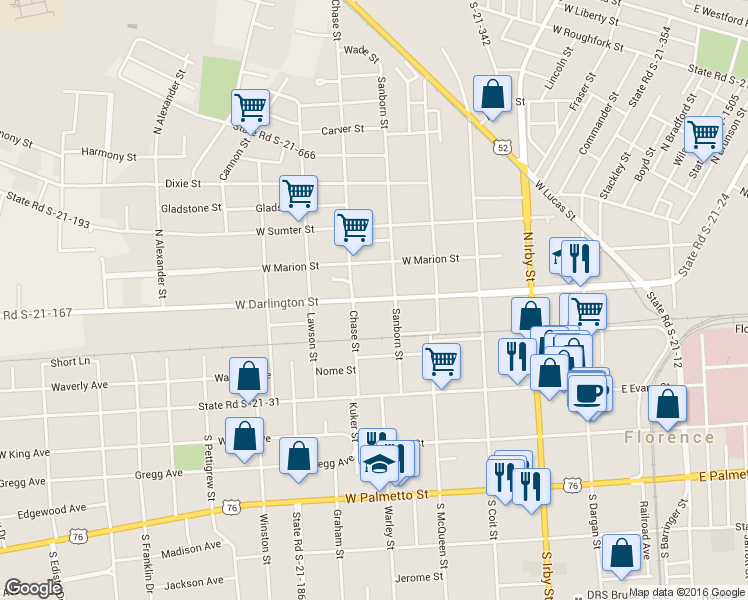 map of restaurants, bars, coffee shops, grocery stores, and more near 550 West Darlington Street in Florence