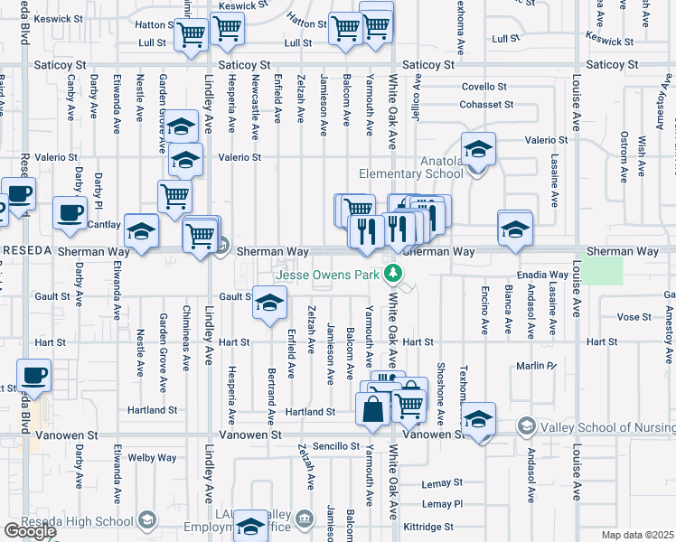 map of restaurants, bars, coffee shops, grocery stores, and more near 17808 Sherman Way in Los Angeles