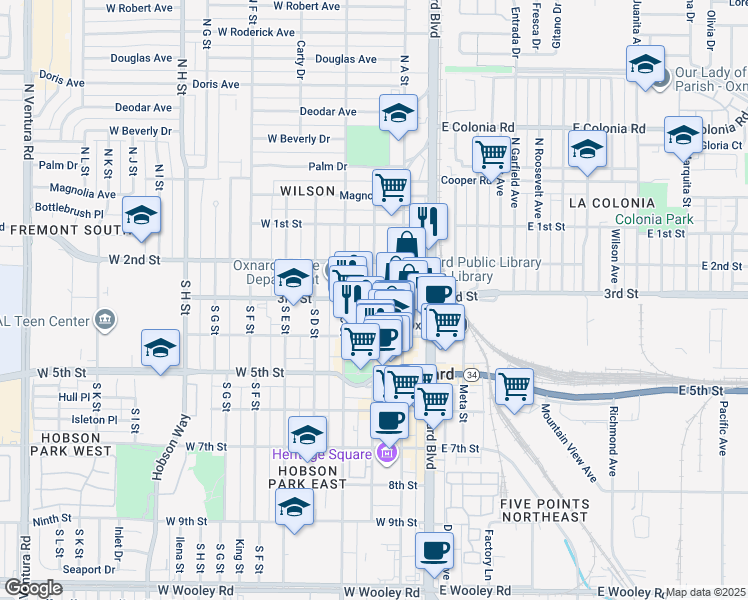 map of restaurants, bars, coffee shops, grocery stores, and more near in Oxnard
