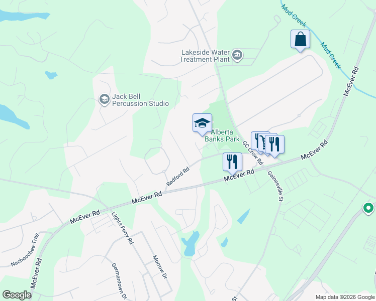map of restaurants, bars, coffee shops, grocery stores, and more near 5616 Pinewood Dr in Flowery Branch