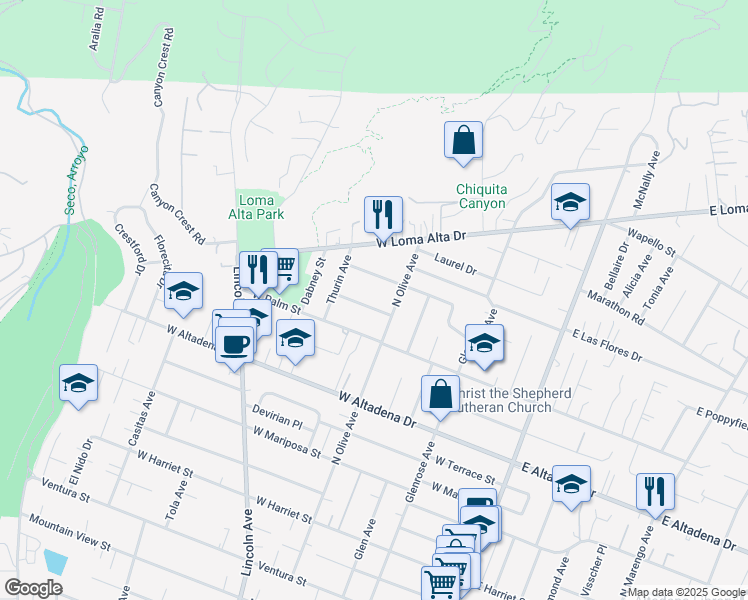 map of restaurants, bars, coffee shops, grocery stores, and more near 386 West Marigold Street in Altadena