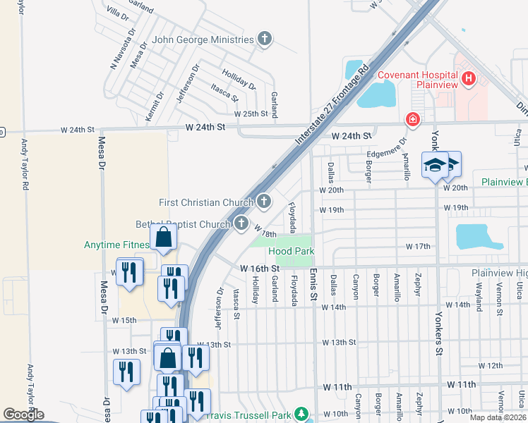 map of restaurants, bars, coffee shops, grocery stores, and more near 1800 Interstate 27 Service Road in Plainview