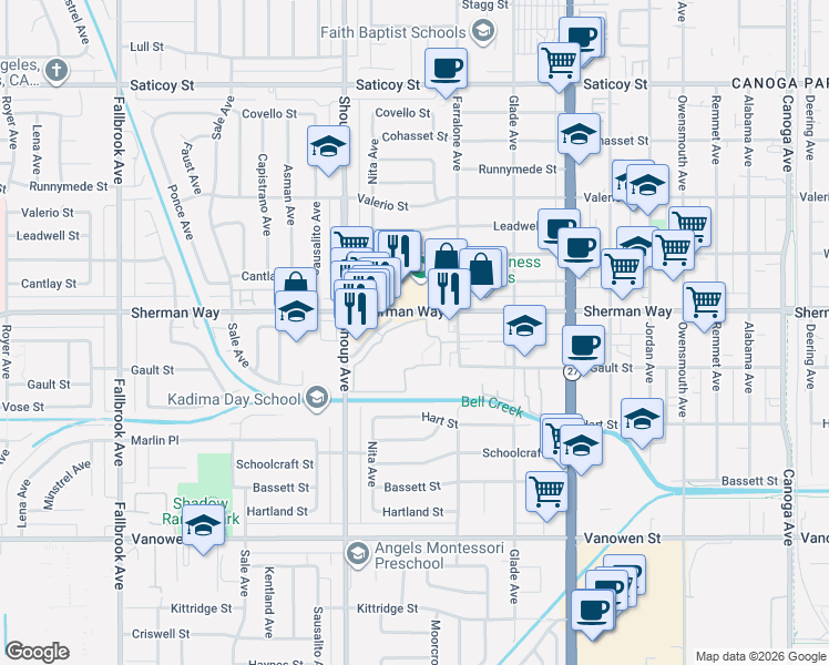 map of restaurants, bars, coffee shops, grocery stores, and more near 7120 Carlson Circle in Los Angeles