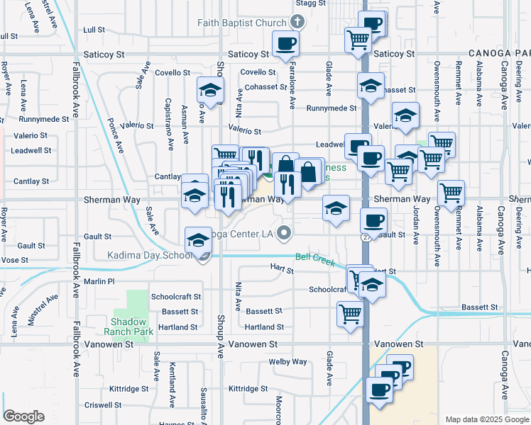 map of restaurants, bars, coffee shops, grocery stores, and more near 7131 Farralone Avenue in Los Angeles