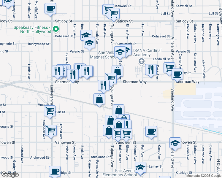 map of restaurants, bars, coffee shops, grocery stores, and more near 7145 Tujunga Avenue in Los Angeles