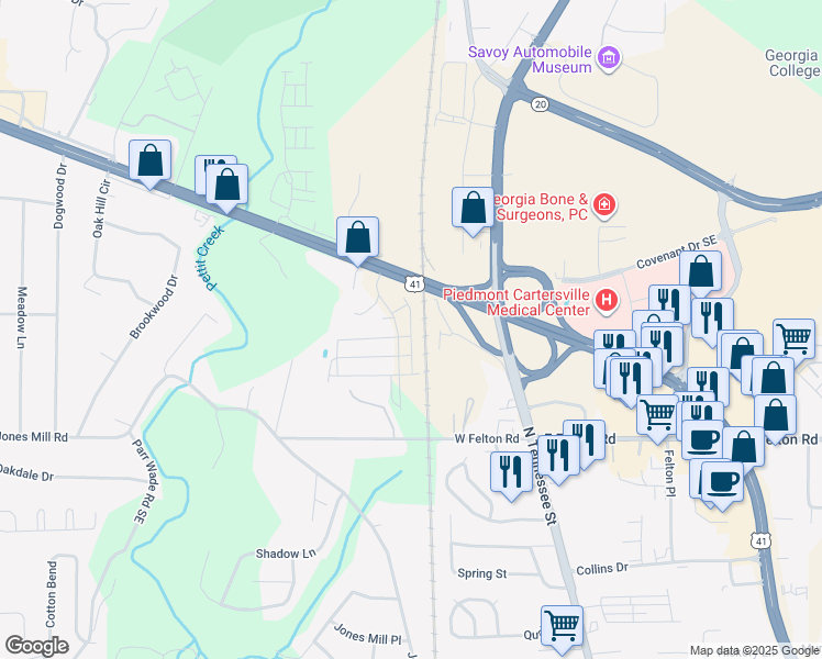map of restaurants, bars, coffee shops, grocery stores, and more near Beaver Trail in Cartersville