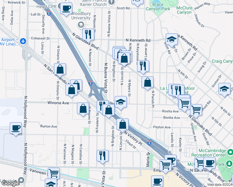 map of restaurants, bars, coffee shops, grocery stores, and more near 2446 North Brighton Street in Burbank