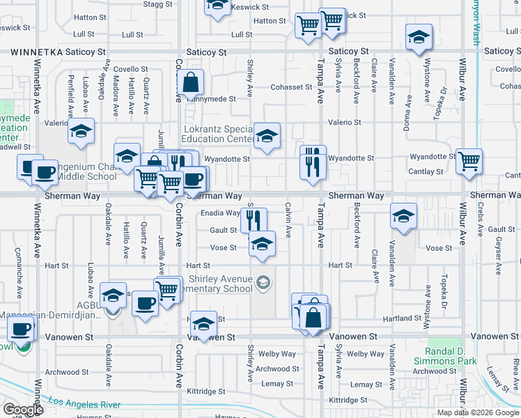map of restaurants, bars, coffee shops, grocery stores, and more near 19449 Enadia Way in Los Angeles