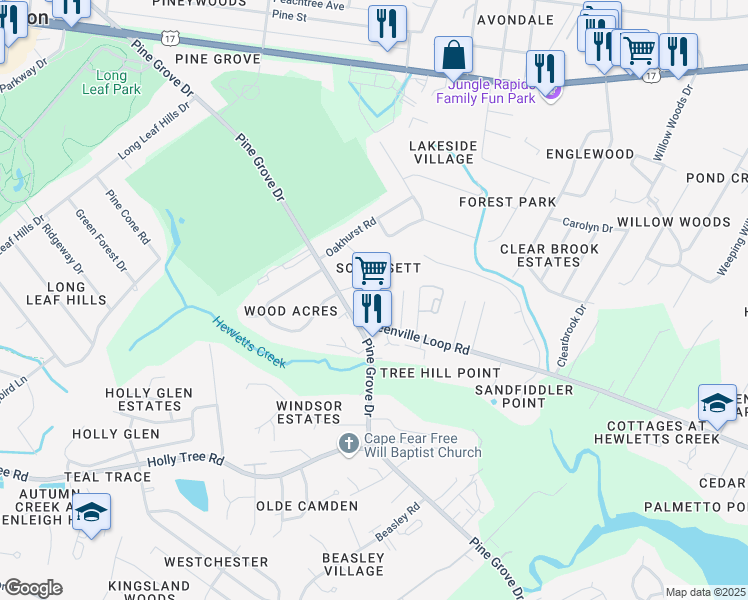 map of restaurants, bars, coffee shops, grocery stores, and more near 805 Pine Grove Drive in Wilmington