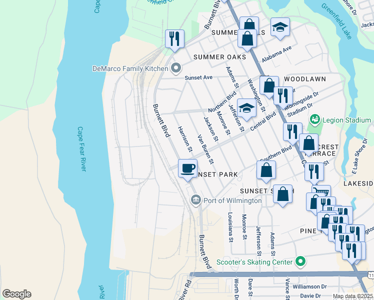 map of restaurants, bars, coffee shops, grocery stores, and more near 2076 Harrison Street in Wilmington
