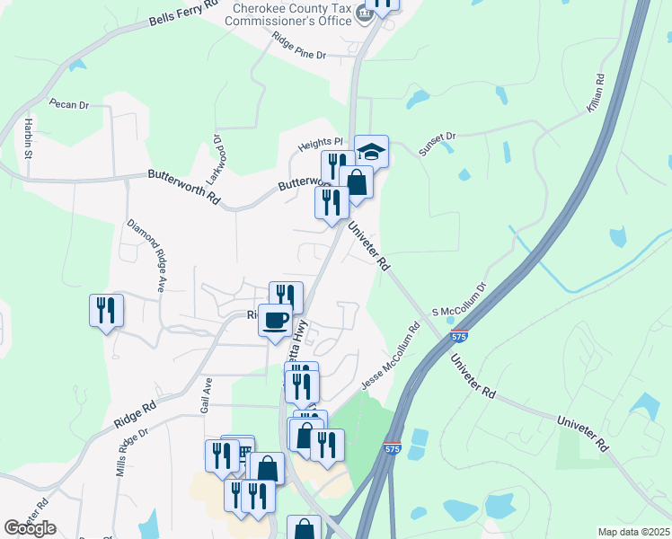 map of restaurants, bars, coffee shops, grocery stores, and more near 3477 Marietta Highway in Canton