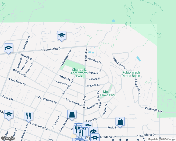 map of restaurants, bars, coffee shops, grocery stores, and more near 915 Parkman Street in Altadena