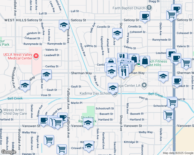map of restaurants, bars, coffee shops, grocery stores, and more near 7135 Capistrano Avenue in Los Angeles