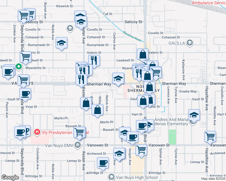map of restaurants, bars, coffee shops, grocery stores, and more near 7117 Marisa Road in Los Angeles