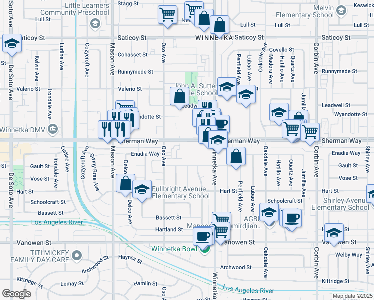 map of restaurants, bars, coffee shops, grocery stores, and more near 20200 Sherman Way in Los Angeles