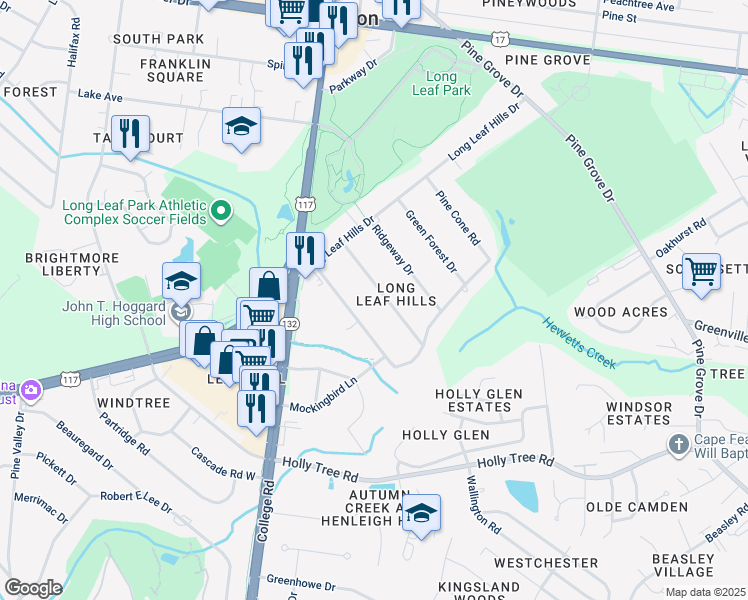 map of restaurants, bars, coffee shops, grocery stores, and more near 126 Parkwood Drive in Wilmington